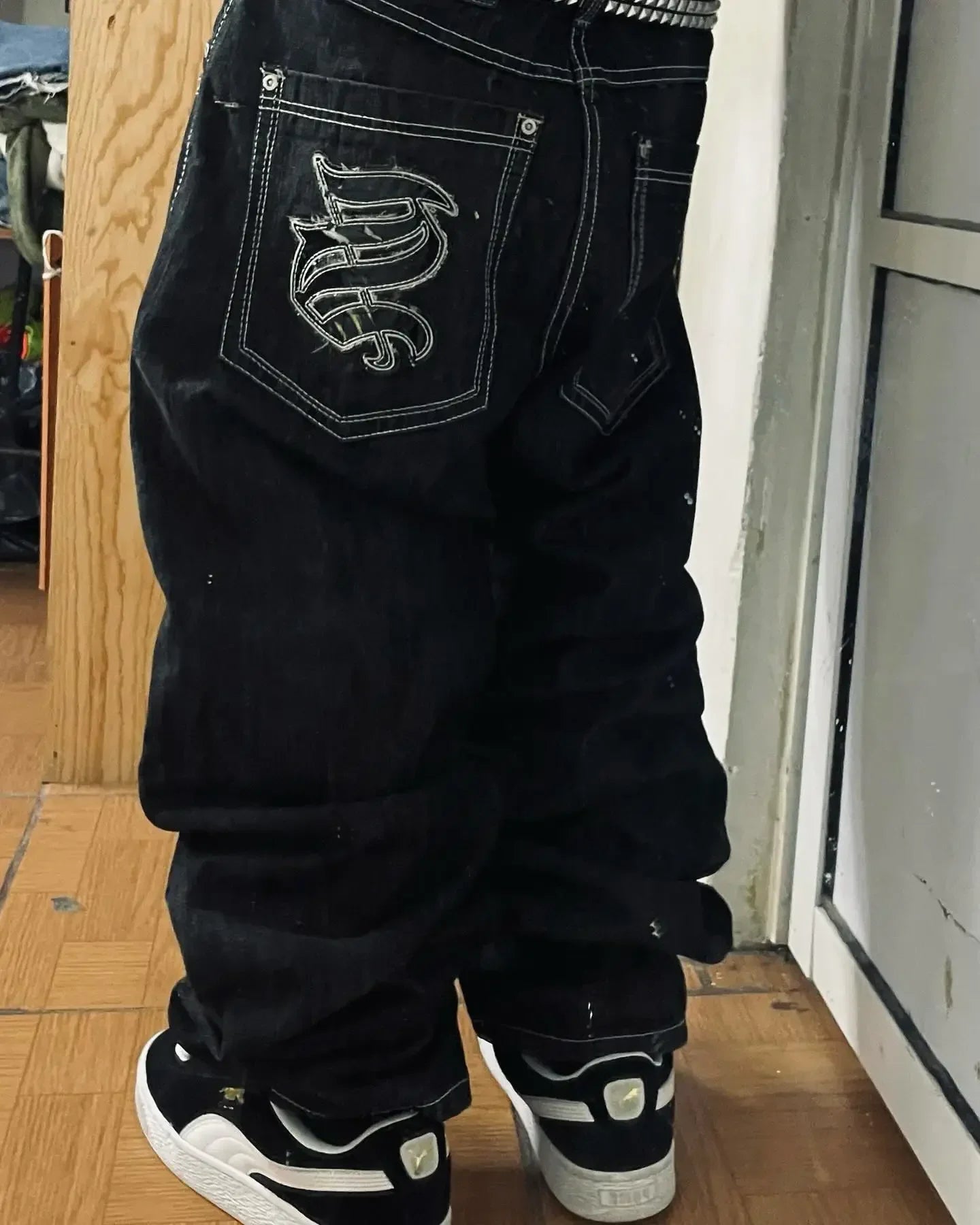 Retro Hipster Men Embroidered Graphics Loose Jeans