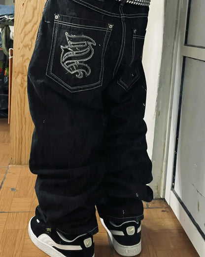 Retro Hipster Men Embroidered Graphics Loose Jeans