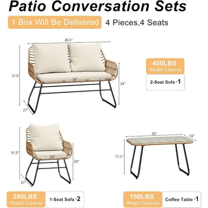 4-Piece Patio Furniture Set with Cushions & Tempered Glass Table
