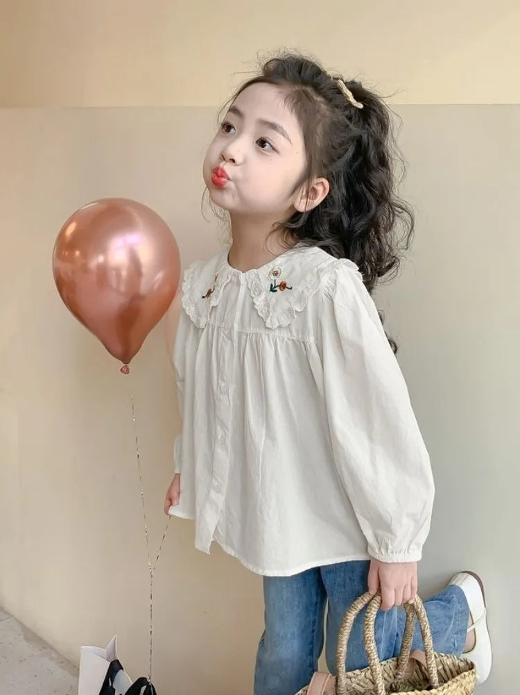 White Girl's Blouse Cotton Doll Collar Shirt