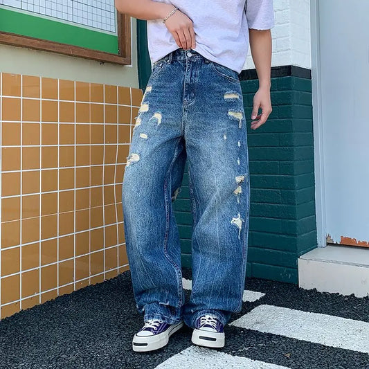 Men's Wide-Leg Jeans Retro Trendy Distressed