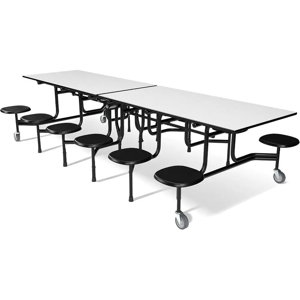 Long Casters Table with 12 Attached Stools, Commercial Quality
