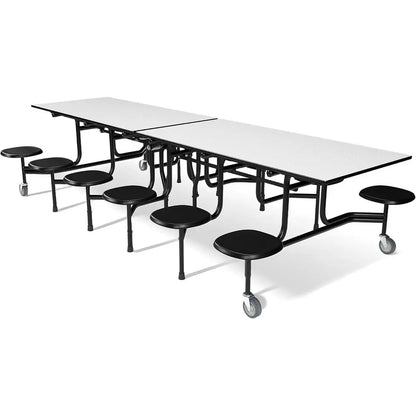 Long Casters Table with 12 Attached Stools, Commercial Quality