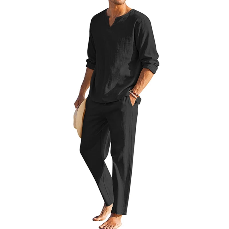 2 Pcs Men Henley Shirt Elastic Waist Drawstring Pants