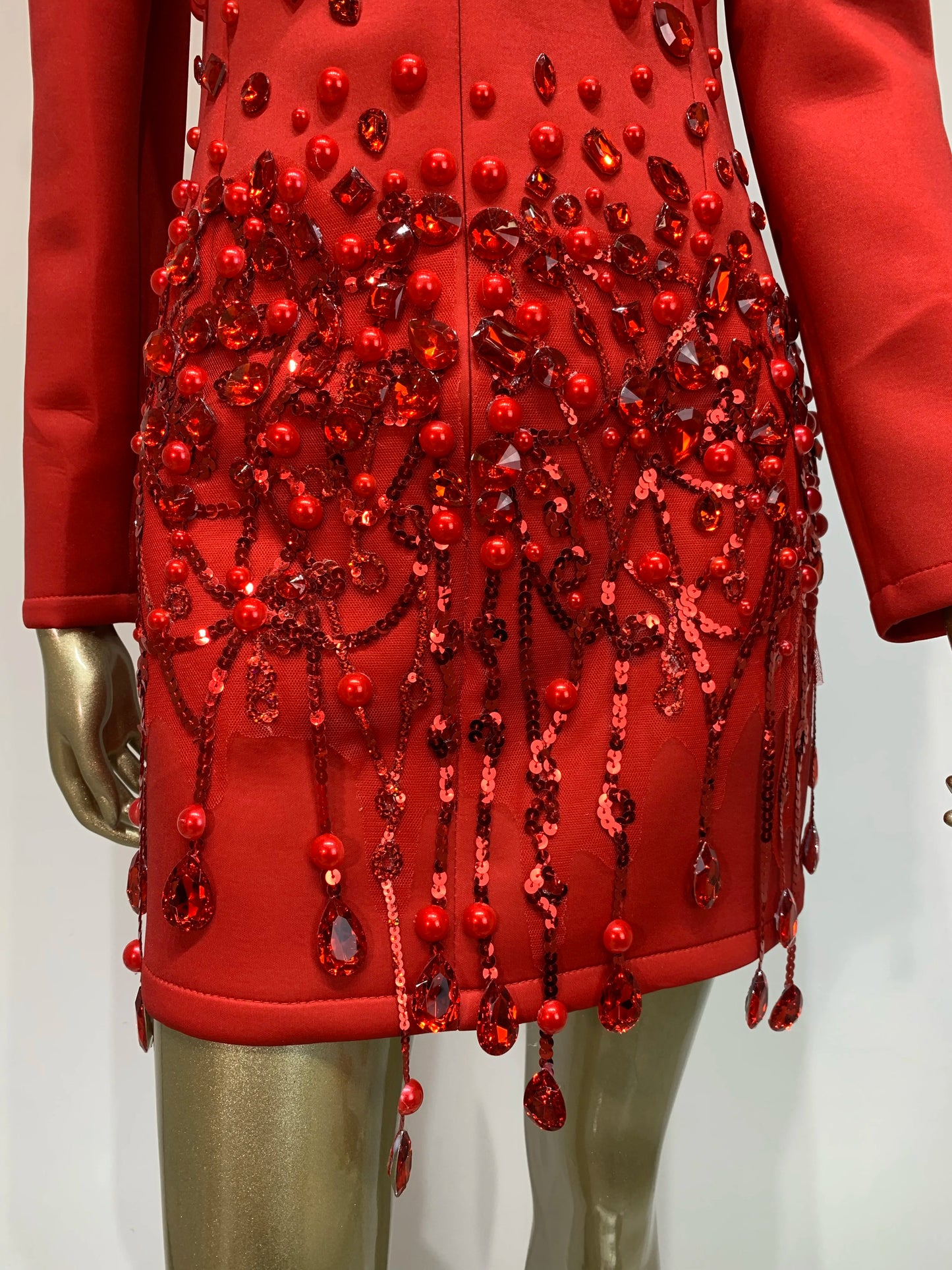 Sparkly Crystal Pearls Mini Dress Luxury Red Fashion