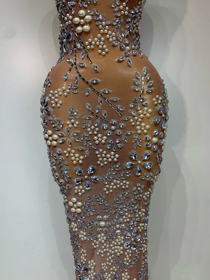 Lxury Diamonds Mesh See Through Long Dress