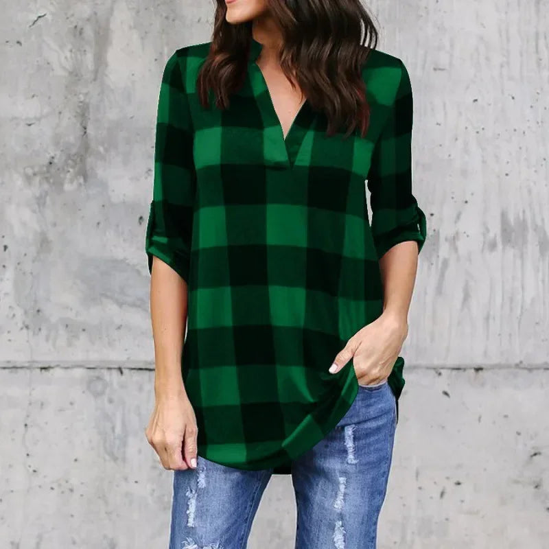 Fashion Plaid V-neck T-Shirt Woman Casual Shirt