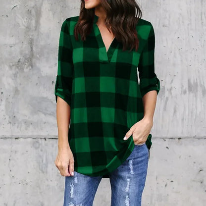 Fashion Plaid V-neck T-Shirt Woman Casual Shirt