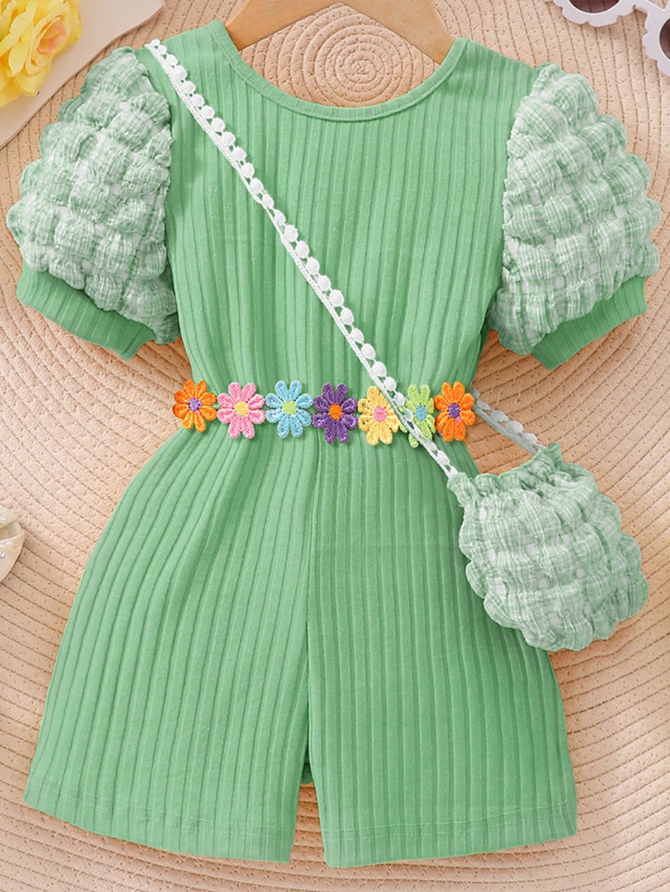 Girls Bubble Sleeve Ribbed Short Romper Set