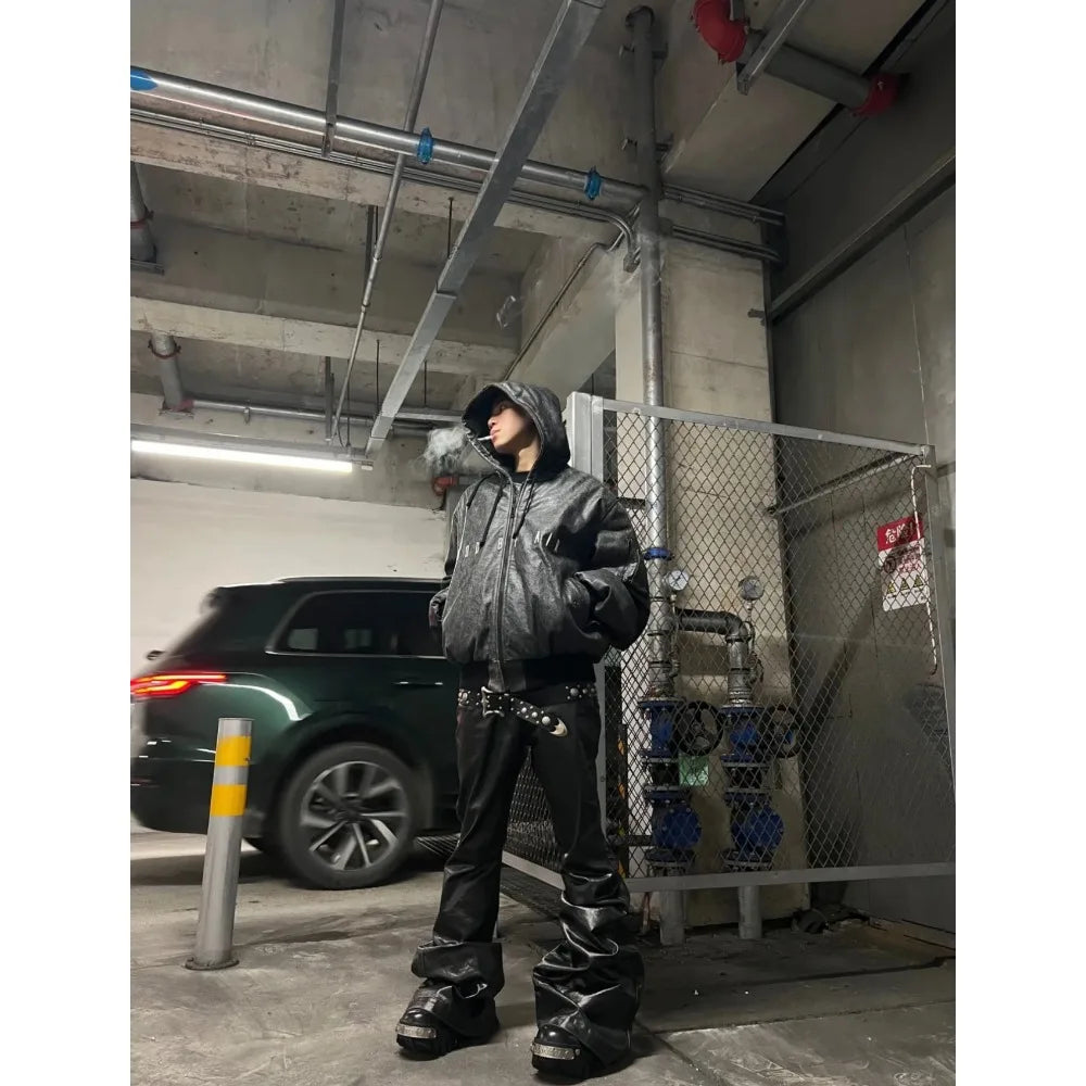 Men's Dark Coated Glossy Leather Black Jeans
