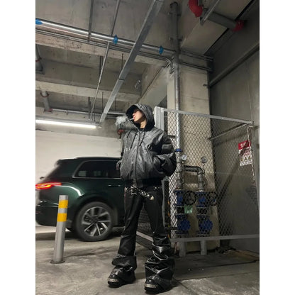 Men's Dark Coated Glossy Leather Black Jeans