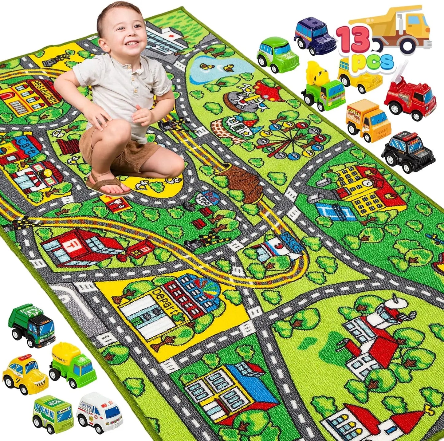 Carpet Playmat w/ 12 Cars Pull-Back Vehicle