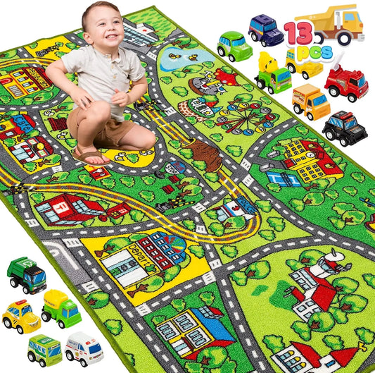 Carpet Playmat w/ 12 Cars Pull-Back Vehicle