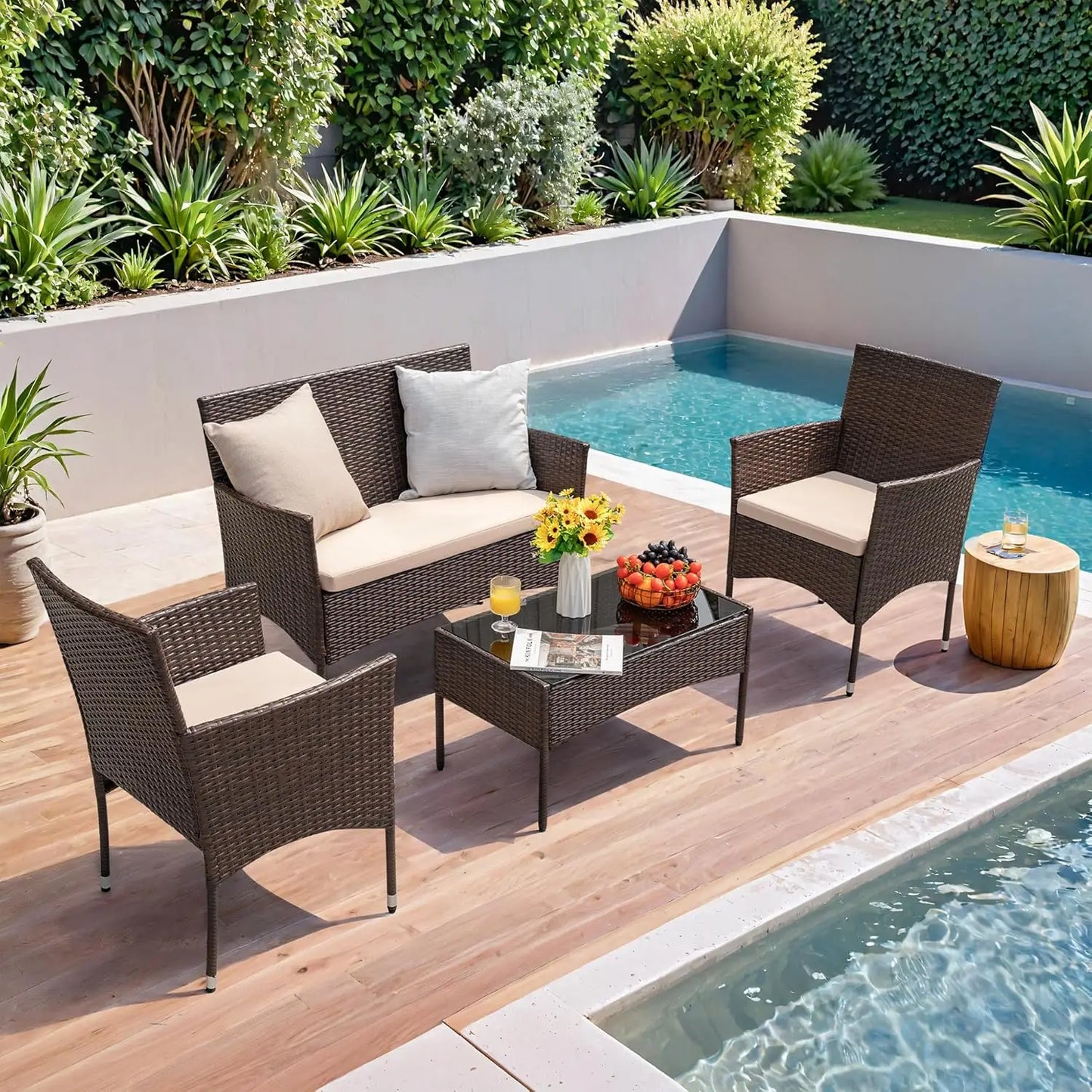 4 Pcs Rattan Chair Wicker Set, Outdoor/Indoor Use