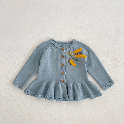 Girls Solid Color Knitted Cardigan Long Sleeves