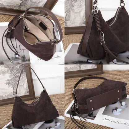 Suede Genuine Leather Crescent Shoulder Bags For Women