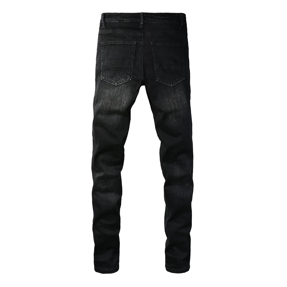 Men's White Pleated Patch Denim Jeans Streetwear
