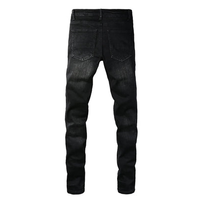 Men's White Pleated Patch Denim Jeans Streetwear