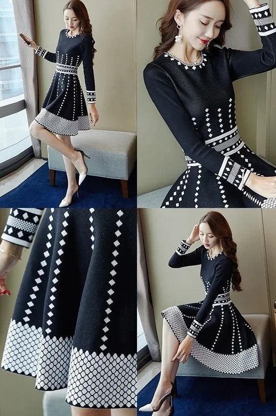 Fashion Long Sleeve Midi Dresses Women Elegant