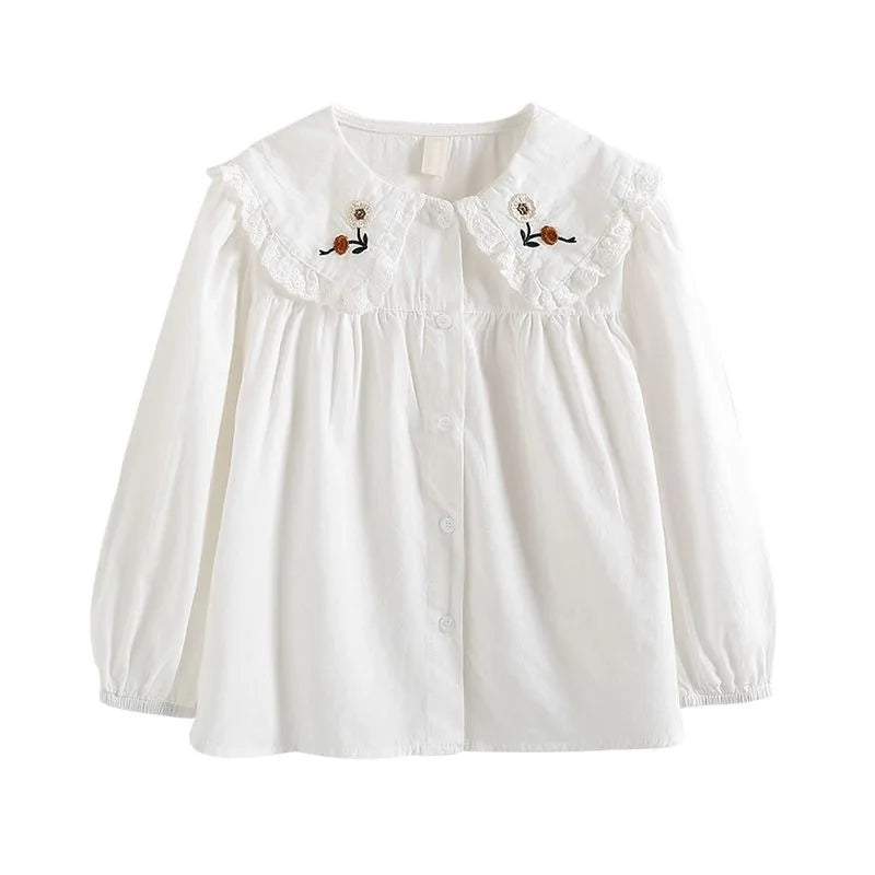 White Girl's Blouse Cotton Doll Collar Shirt