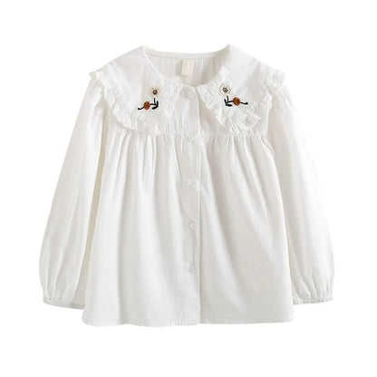 White Girl's Blouse Cotton Doll Collar Shirt