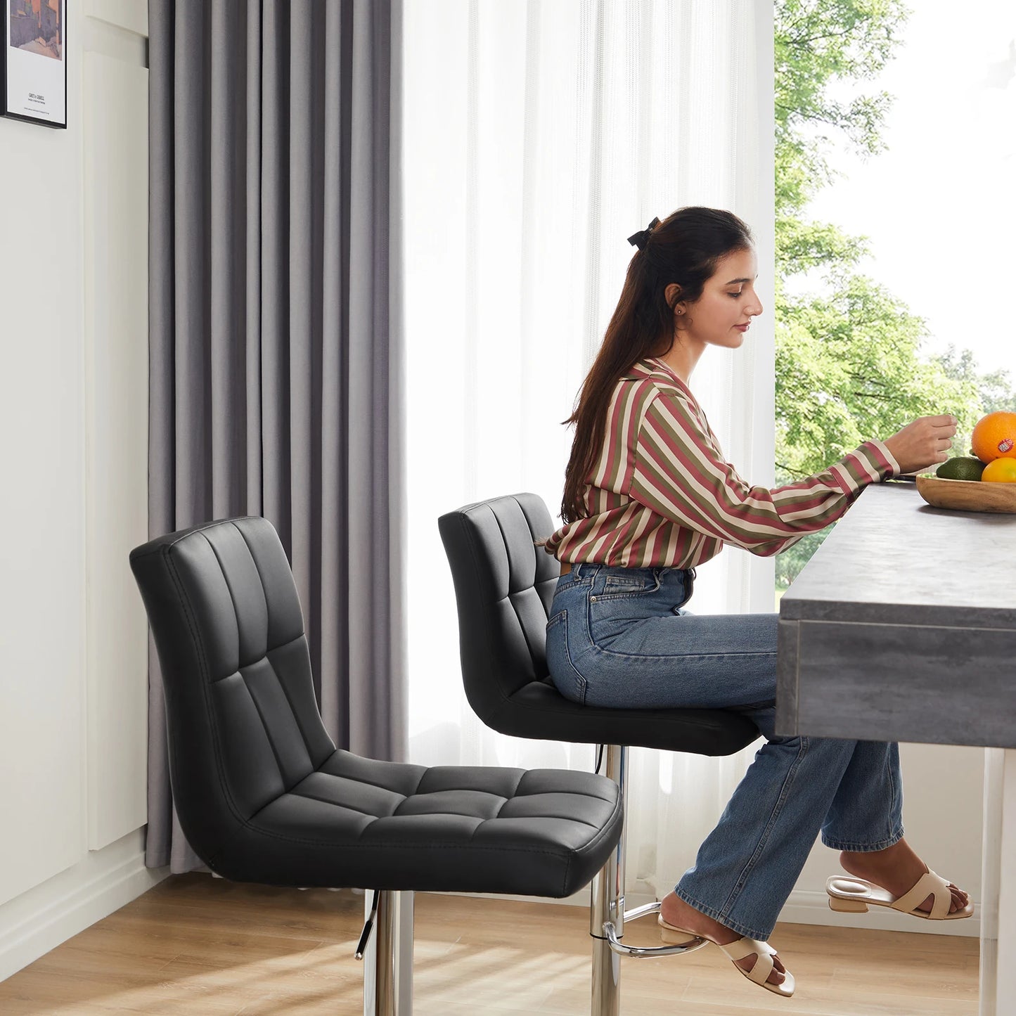 2 PU Leather Bar Stools Upholstered Counter Height