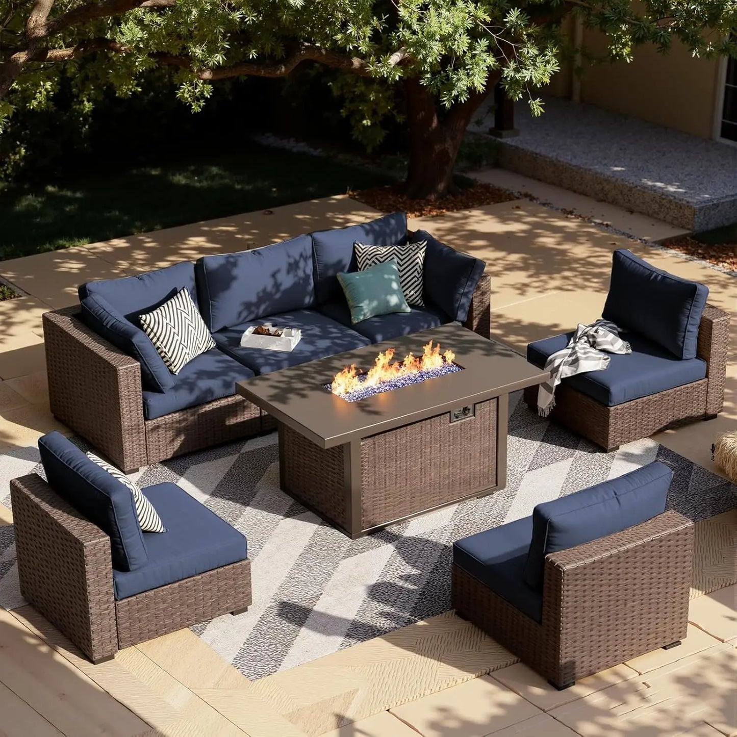 7-Pieces Patio Furniture Sets Outdoor Sectional Firepit Table