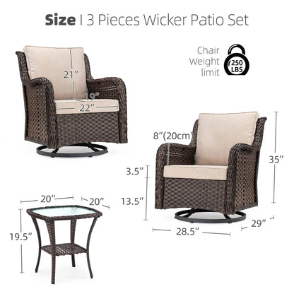 3-Piece Wicker Swivel Rocker Patio Set, Glass Table