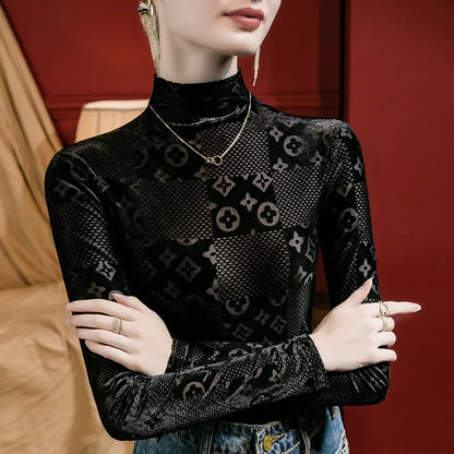 Women Print Flocking Sexy Casual Blouse