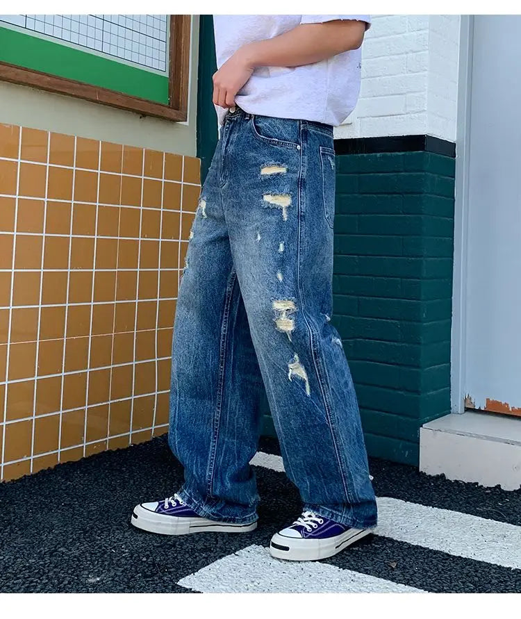Men's Wide-Leg Jeans Retro Trendy Distressed
