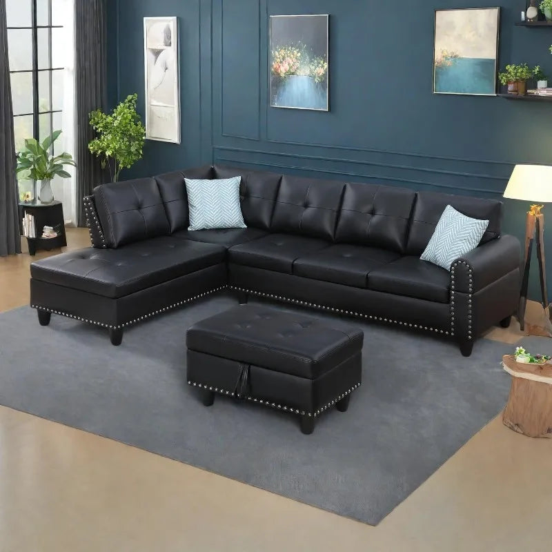 L Shaped Couch 3-Piece Sectional Sofa Set, Classic Black