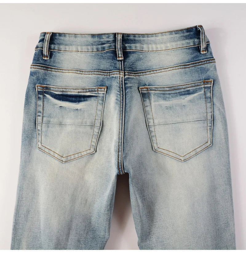 Men Paisley Bandana Print Patch Jeans Skinny