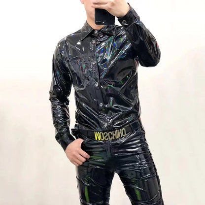 Men's Shiny Leather Casual Color Button-Down