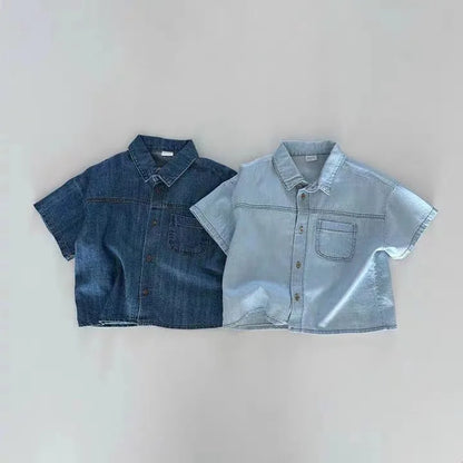 2 Pcs Denim Shirts + Shorts, Short Sleeve