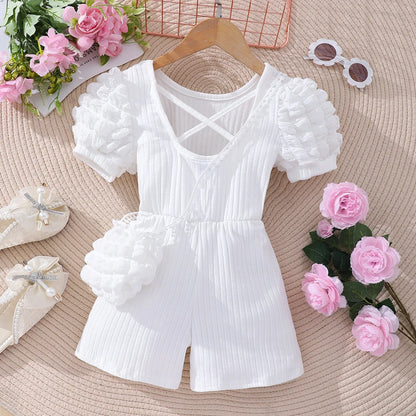 Girls Bubble Sleeve Ribbed Short Romper Set