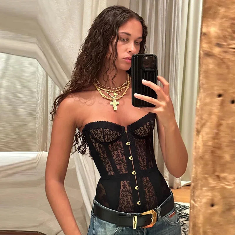 Sexy Tight Corset Lace Sleeveless Strapless Top