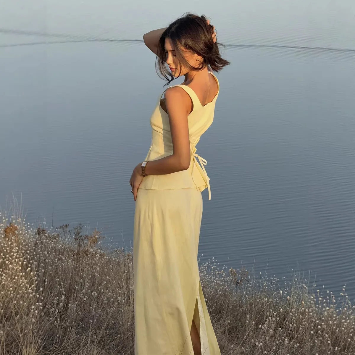 2 Pcs Cotton Strap Long Skirt Set Thin Belt