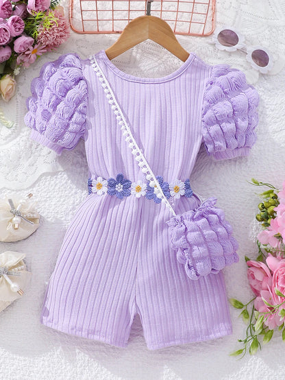 Girls Bubble Sleeve Ribbed Short Romper Set
