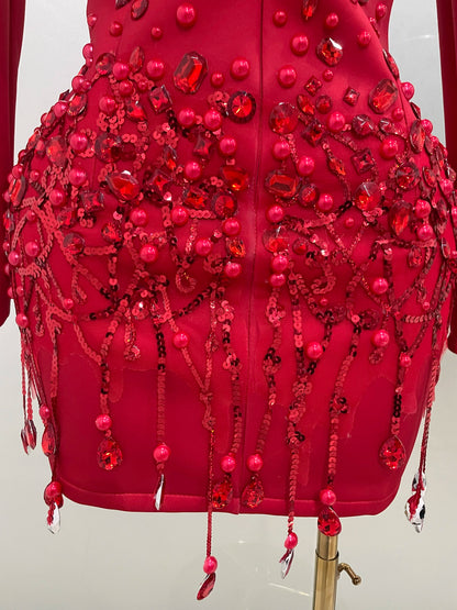 Sparkly Crystal Pearls Long Sleeve Mini Dress