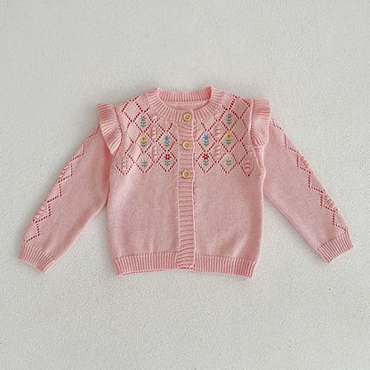 Girls Solid Color Knitted Cardigan Long Sleeves