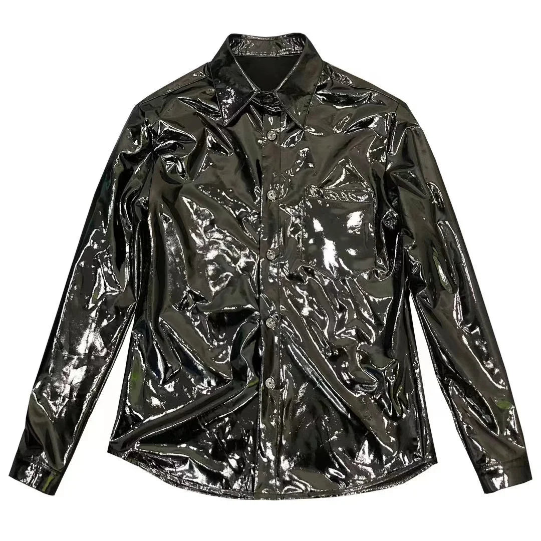 Men's Shiny Leather Casual Color Button-Down