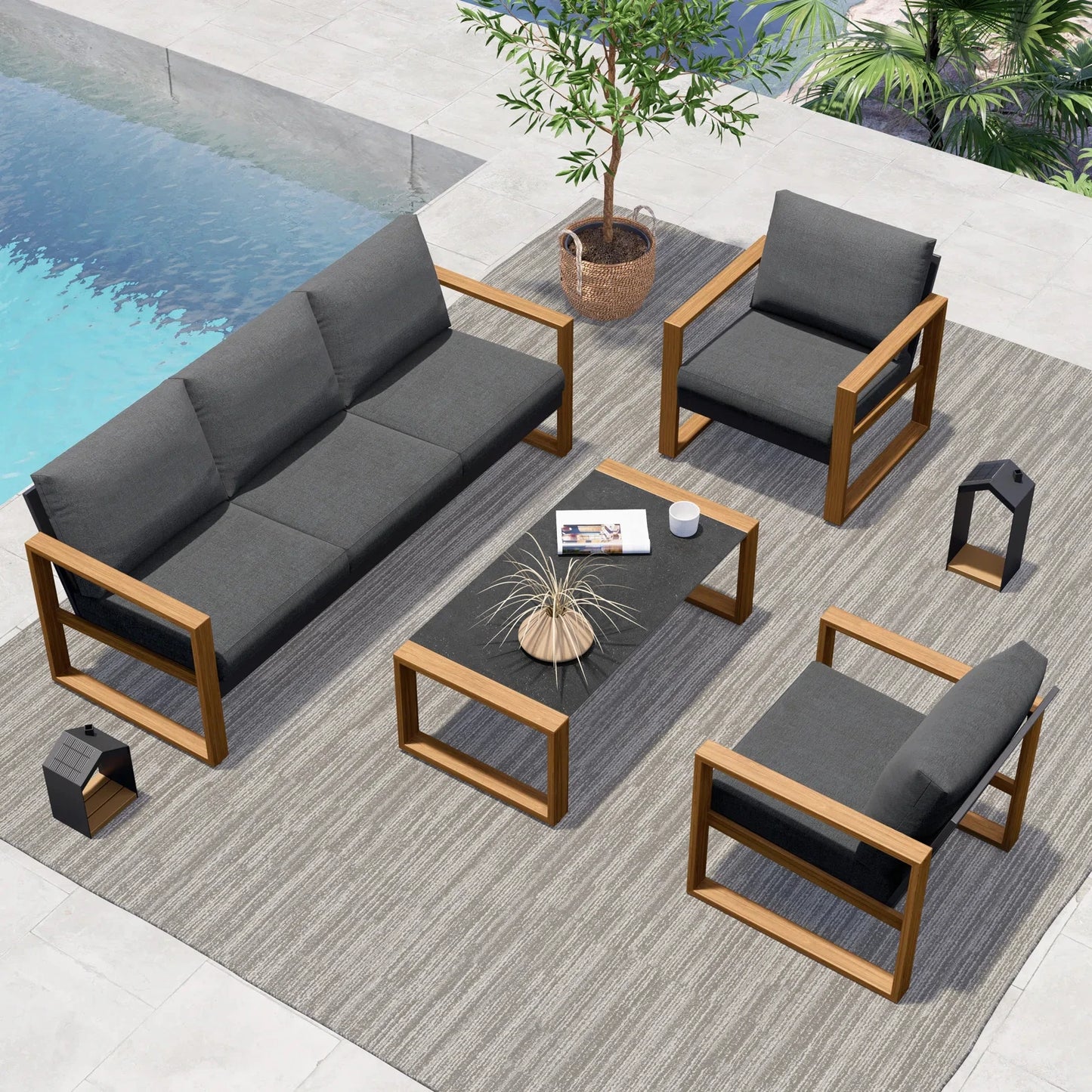 Outdoor 4-Piece Modern Furniture Sets Faux Wood Grain