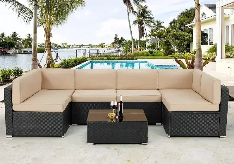 7 Piece Rattan Gray Wicker Outdoor Sectional Furniture Set