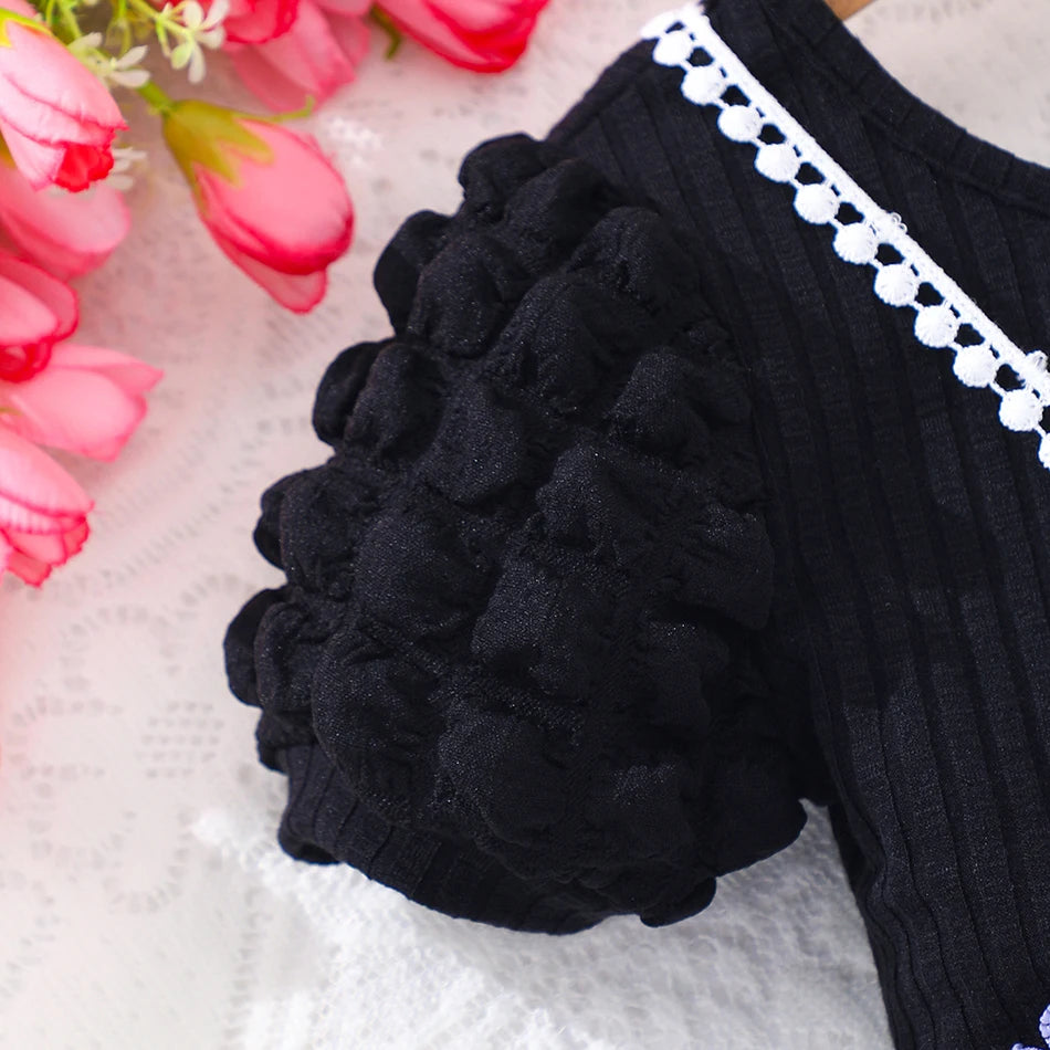 Girls Bubble Sleeve Ribbed Short Romper Set