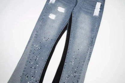 Retro Washed Spliced Denim High Brand Jeans