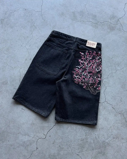 Embroidered Straight Short Denim Wide-Leg Jeans