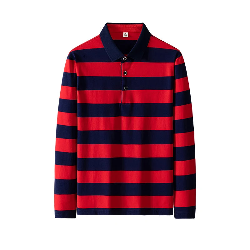 Men Polo Shirt Cotton Long Sleeve Stripe