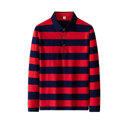 Men Polo Shirt Cotton Long Sleeve Stripe