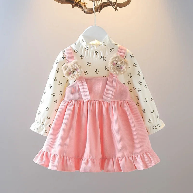 Girls Long Sleeve Floral Lovely Bear Corduroy Dress