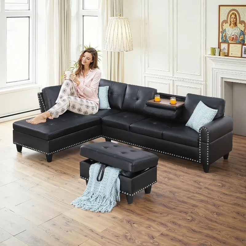 L Shaped Couch 3-Piece Sectional Sofa Set, Classic Black